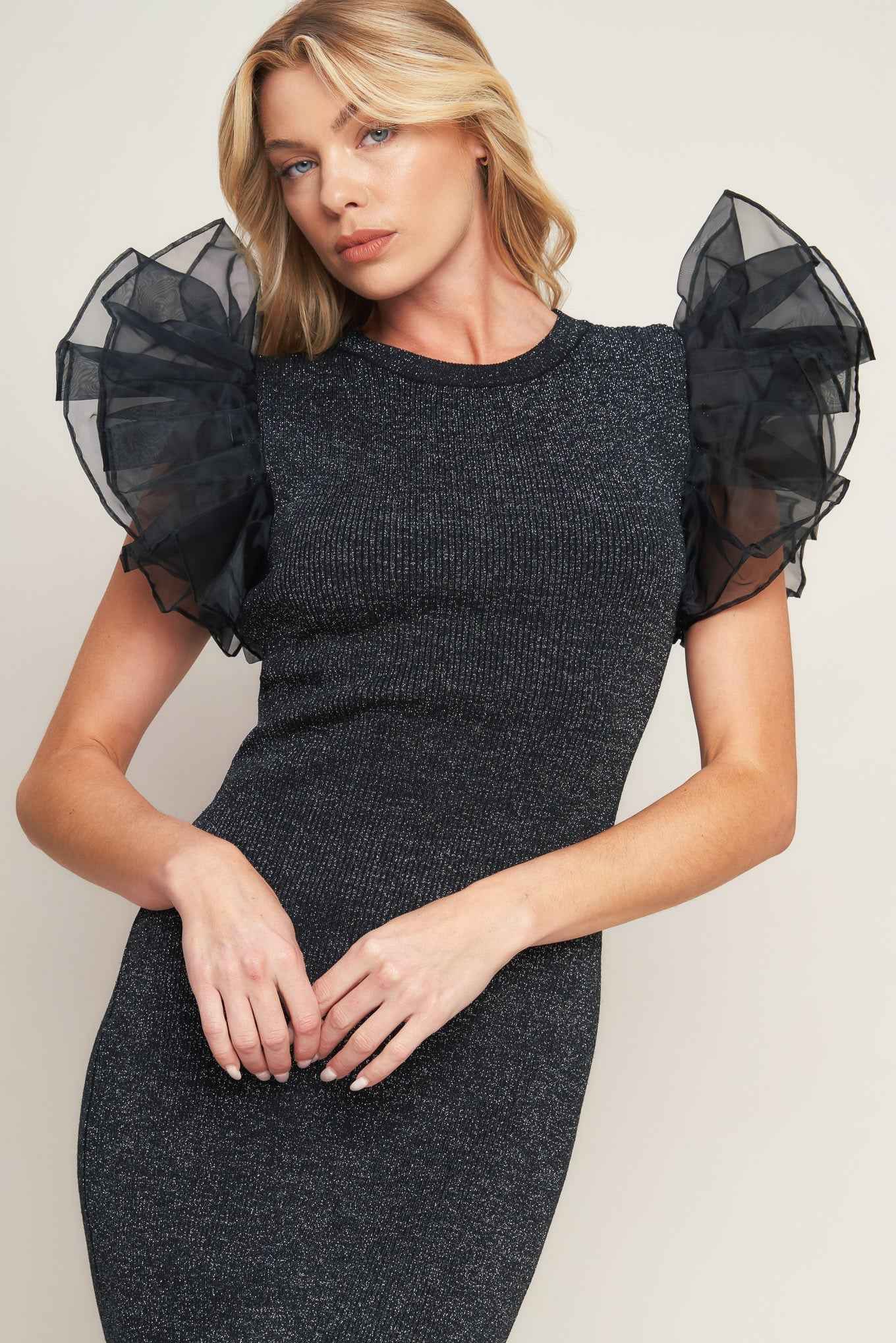 VOLUMINOUS POWER METALLIC MIDI DRESS