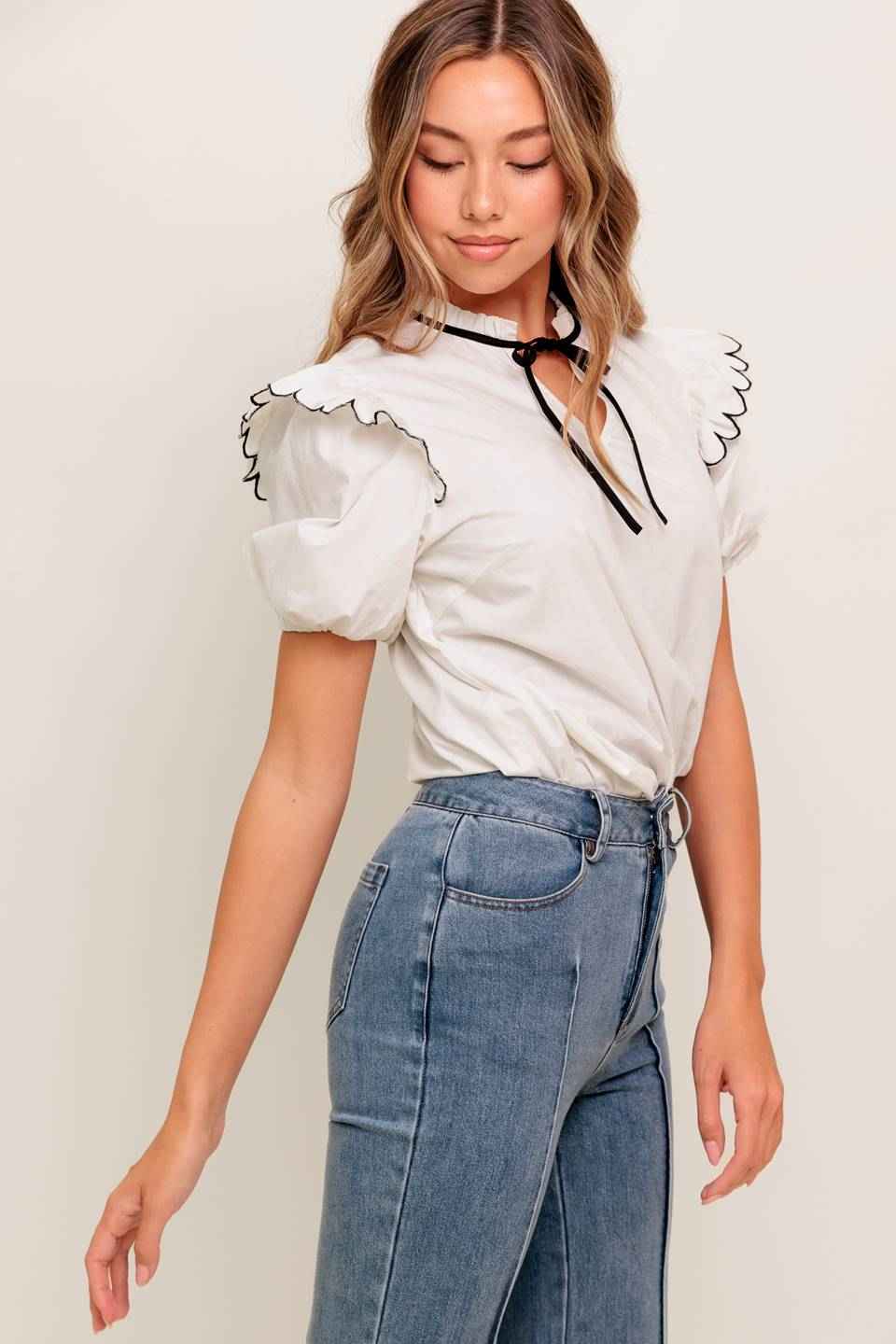 FRENCH WHISPER IVORY WOVEN TOP