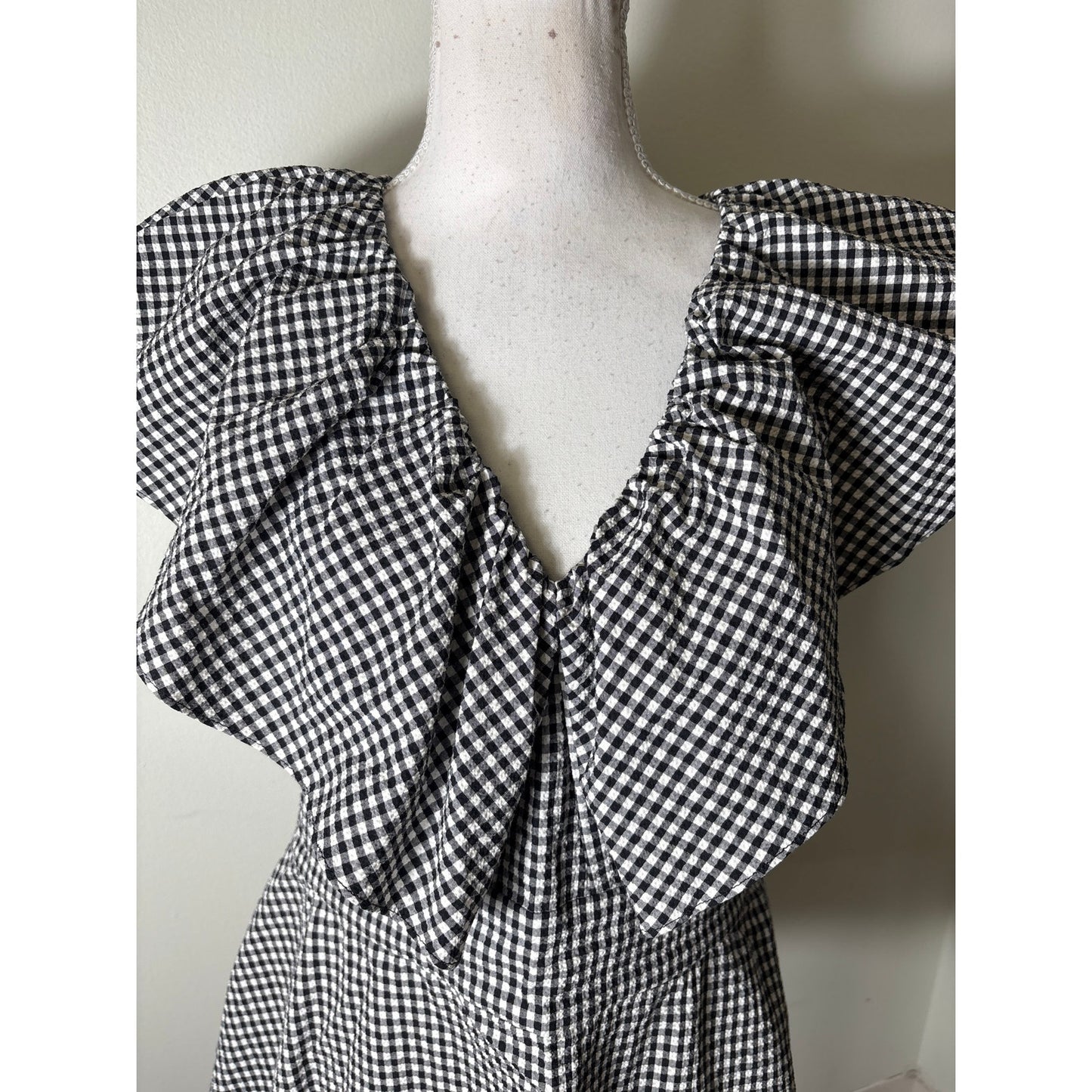 Pearl by Lela Rose Black and White Check  Flutter Sleeve Peplum Top Sz 8