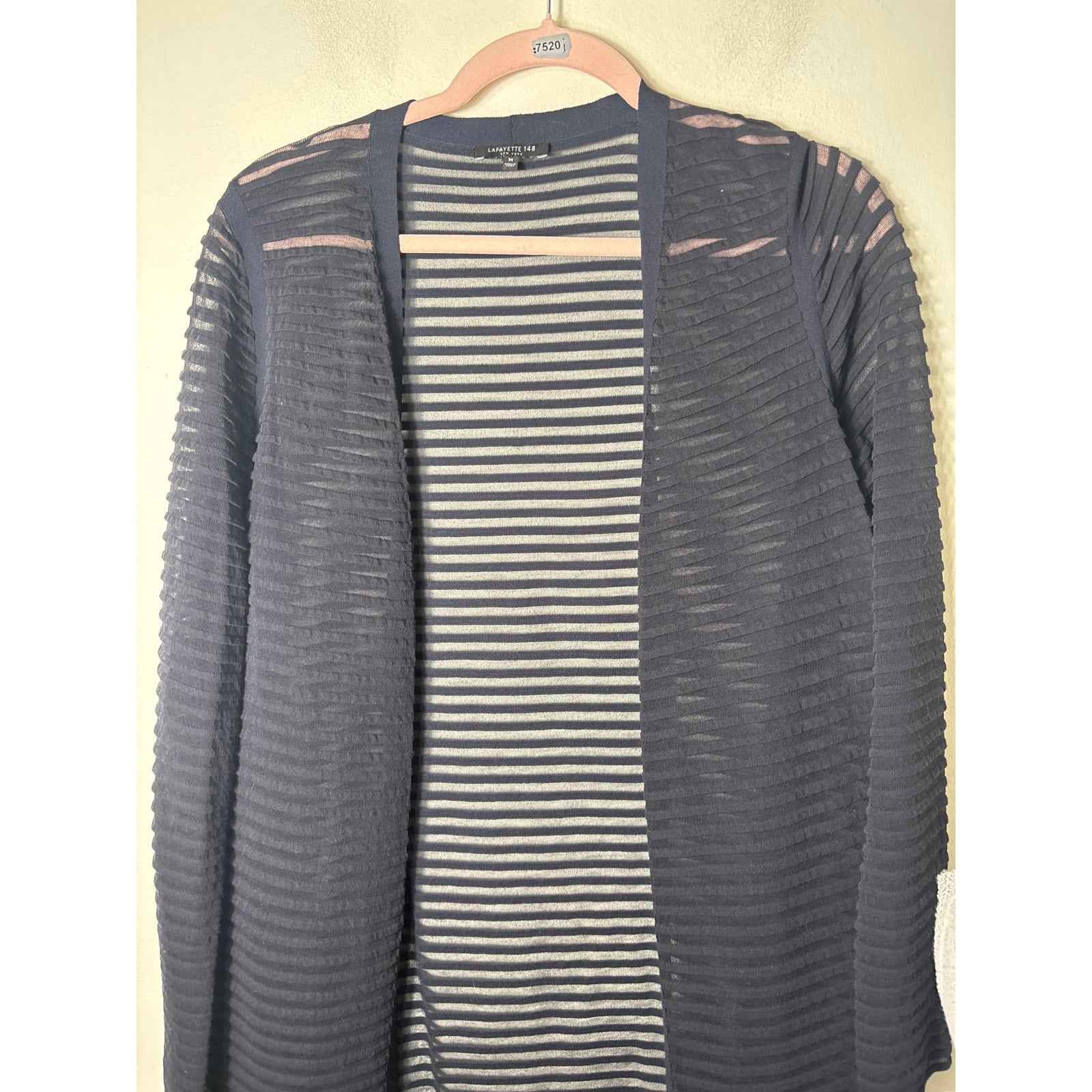 Lafayette 148 Navy Textured Sheer Cardigan Sz M