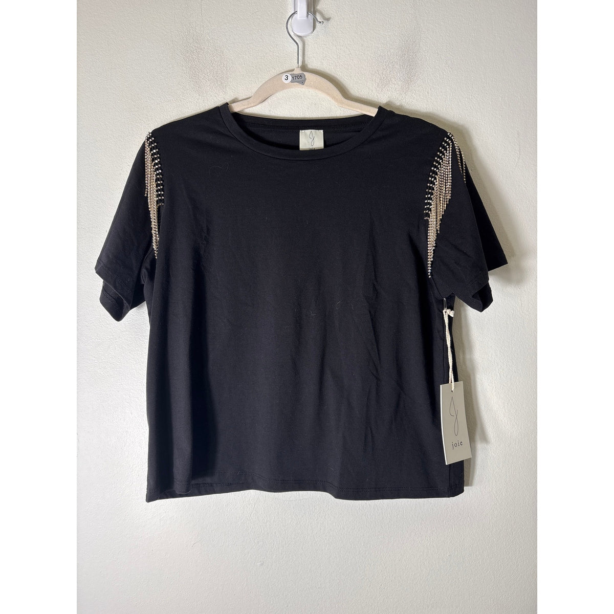 NWT Joie Black Tee With Rhinestone Fringe Sz S