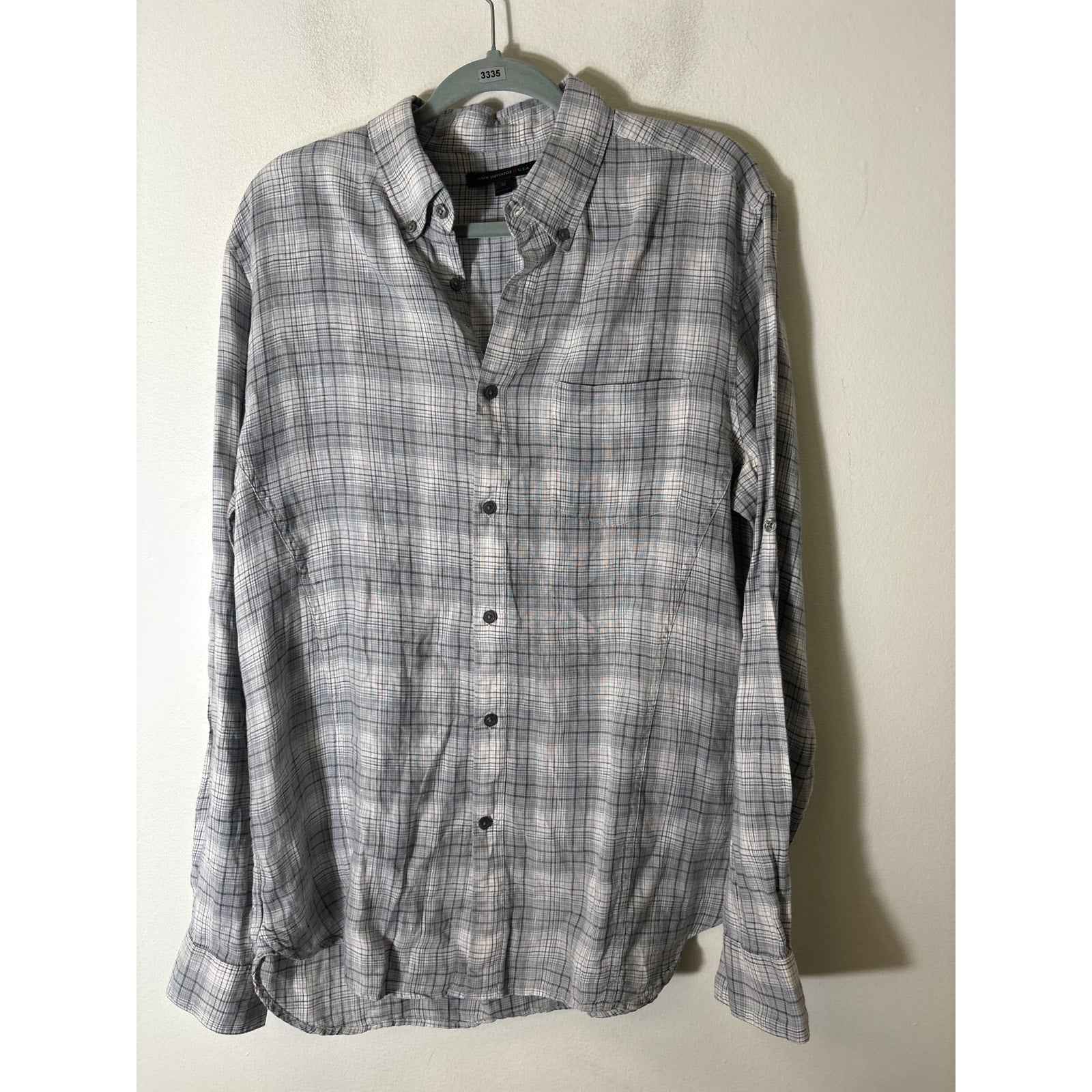 Men's John Varvatos Greenish Gray Plaid Long Sleeve Linen Shirt Sz M