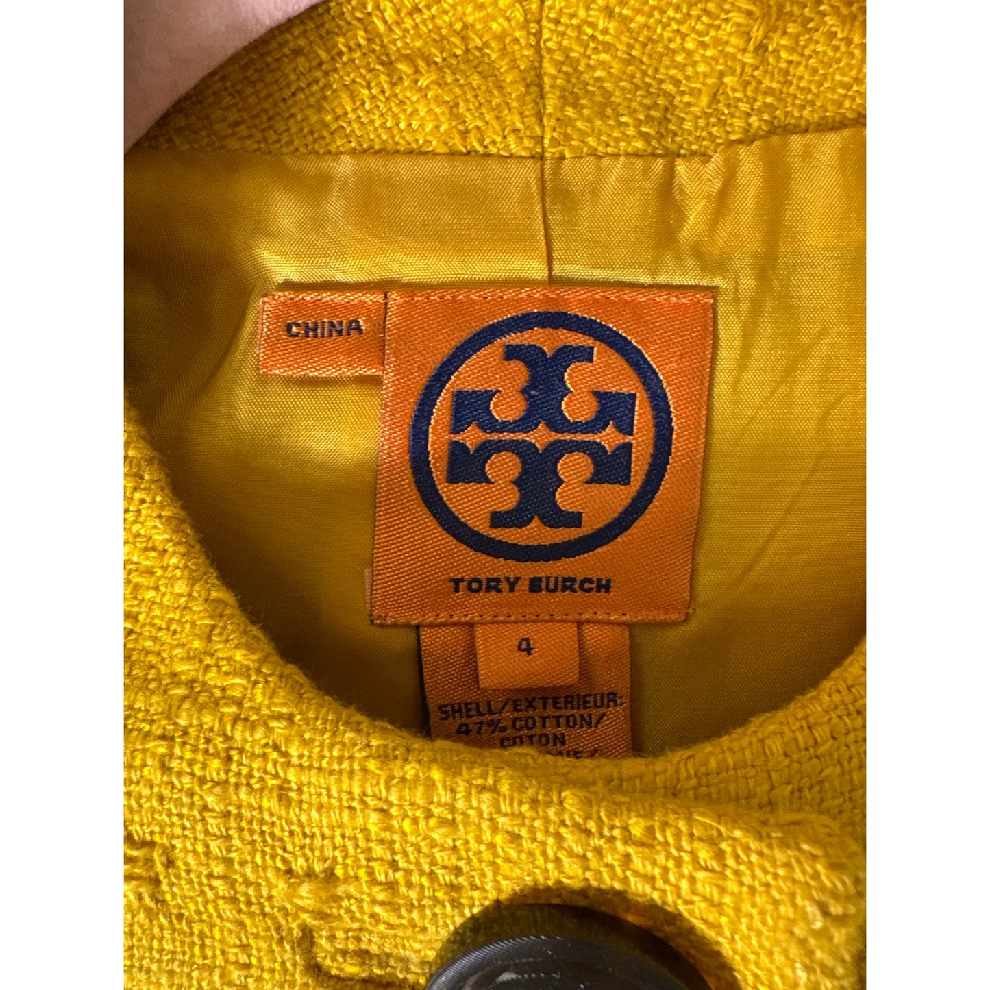 Tory Burch Mustard Yellow Long Sleeve Collarless Tweed Jacket Sz 4