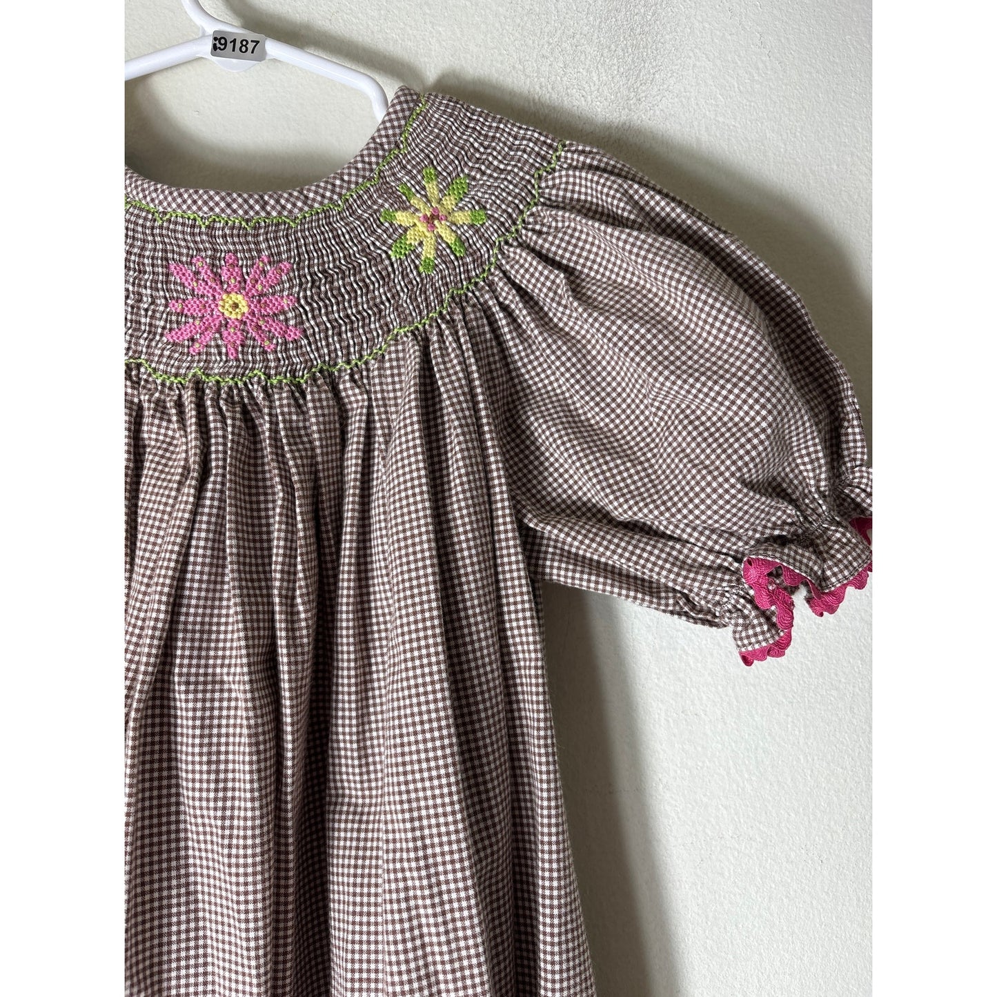 Girls Vintage Castles&Crowns Brown&white Check smocked flowers dress Sz 6