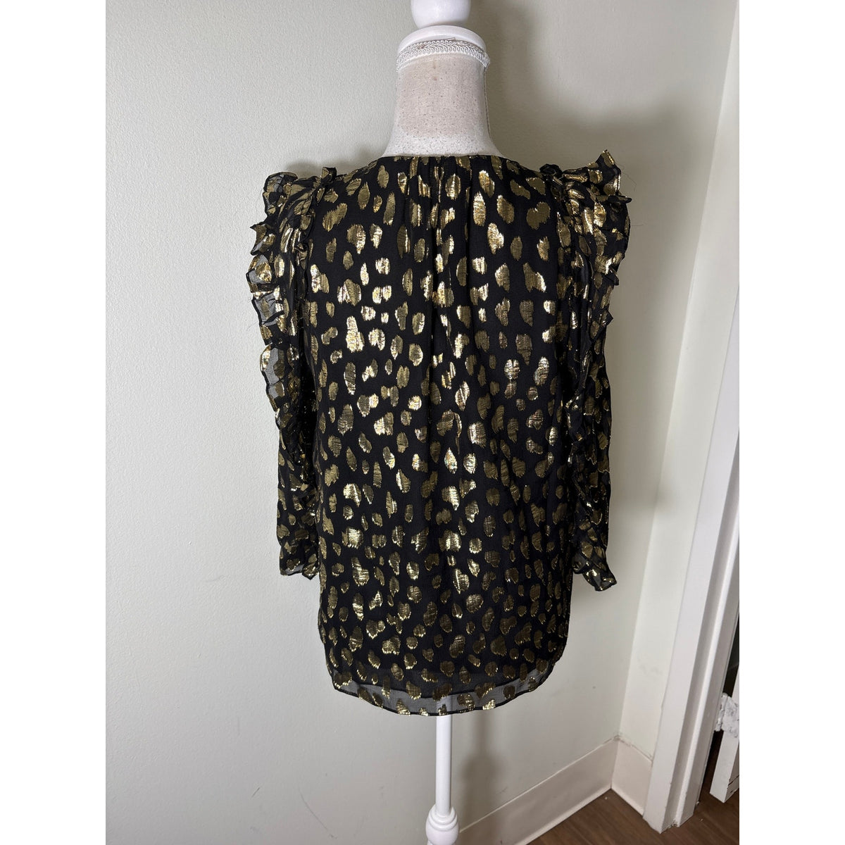 Rebecca Taylor Black and Gold 3/4 Sleeve Semi Sheer Blouse Sz 4