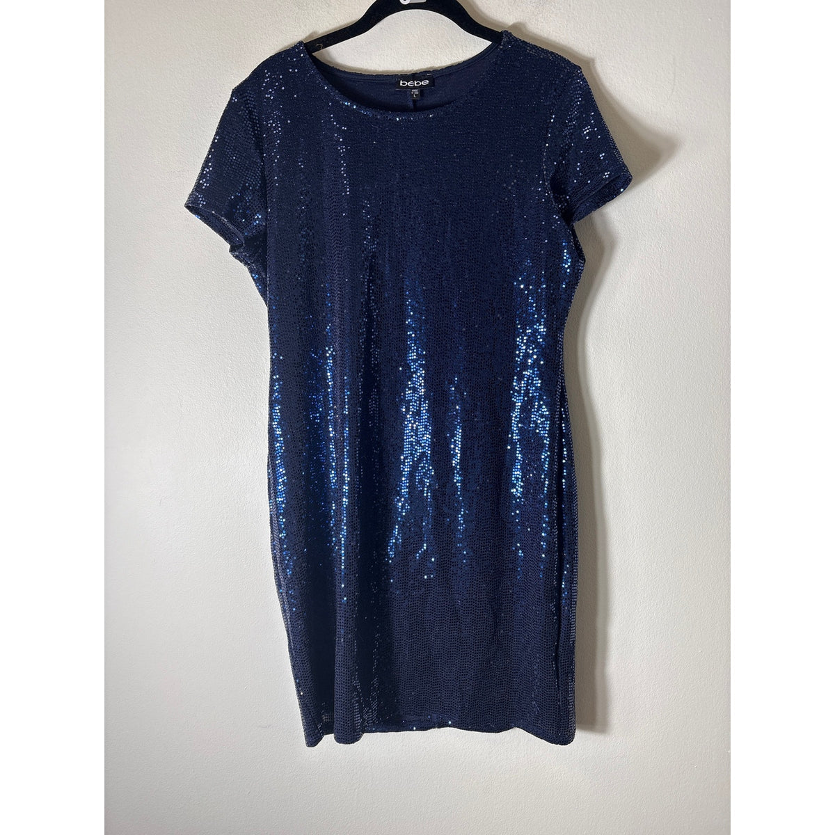 Bebe Navy Blue Cap Sleeve Sequin Knee Length Dress Sz L