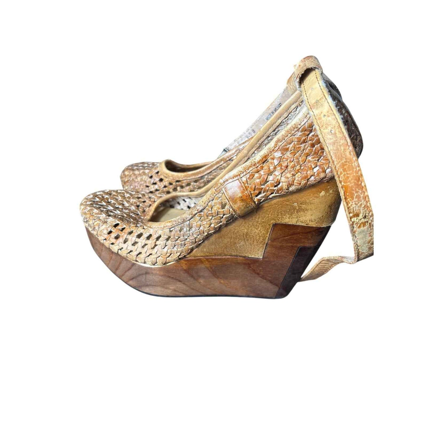 Beditsu Brown Woven Leather Wooden Wedges Sz 9.5