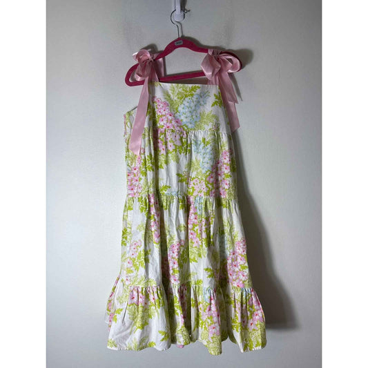 Girls Vintage Kelly's Kids pink blue and green floral print bow tie dress size 8