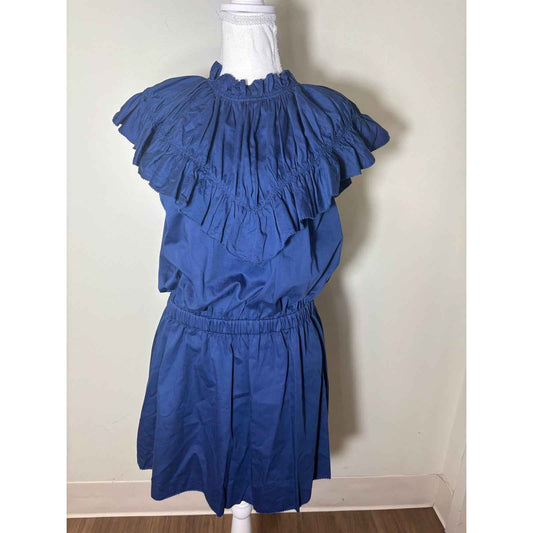Never A Wallflower Navy Flutter Sleeve High Neck Cotton Knee Length Dress Sz L