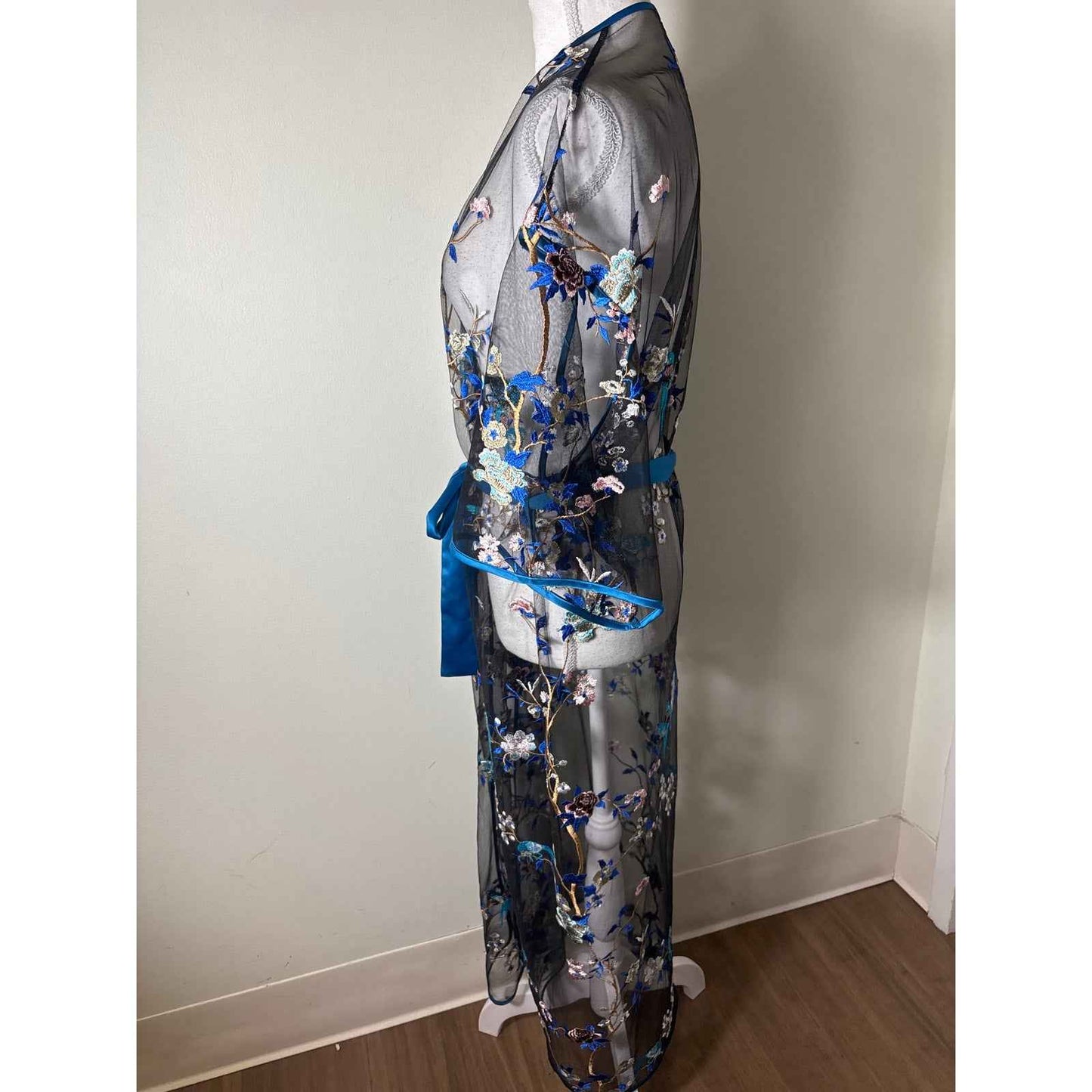 Rya Collection Black Blue Embroidered Sheer Robe Sz XS/S
