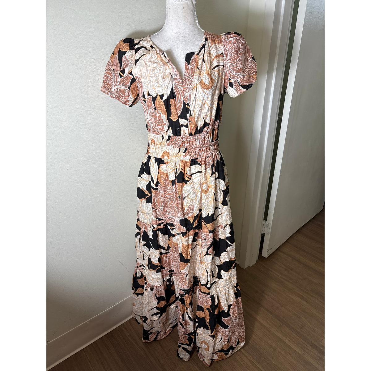 Cynthia Rowley Tan and Black Floral Maxi Dress Sz S