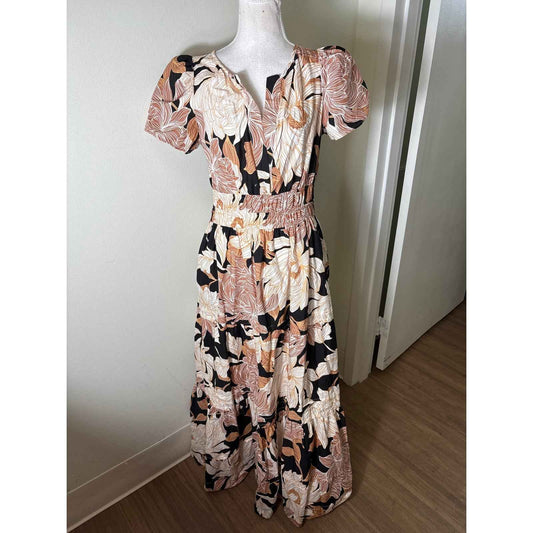 Cynthia Rowley Tan and Black Floral Maxi Dress Sz S