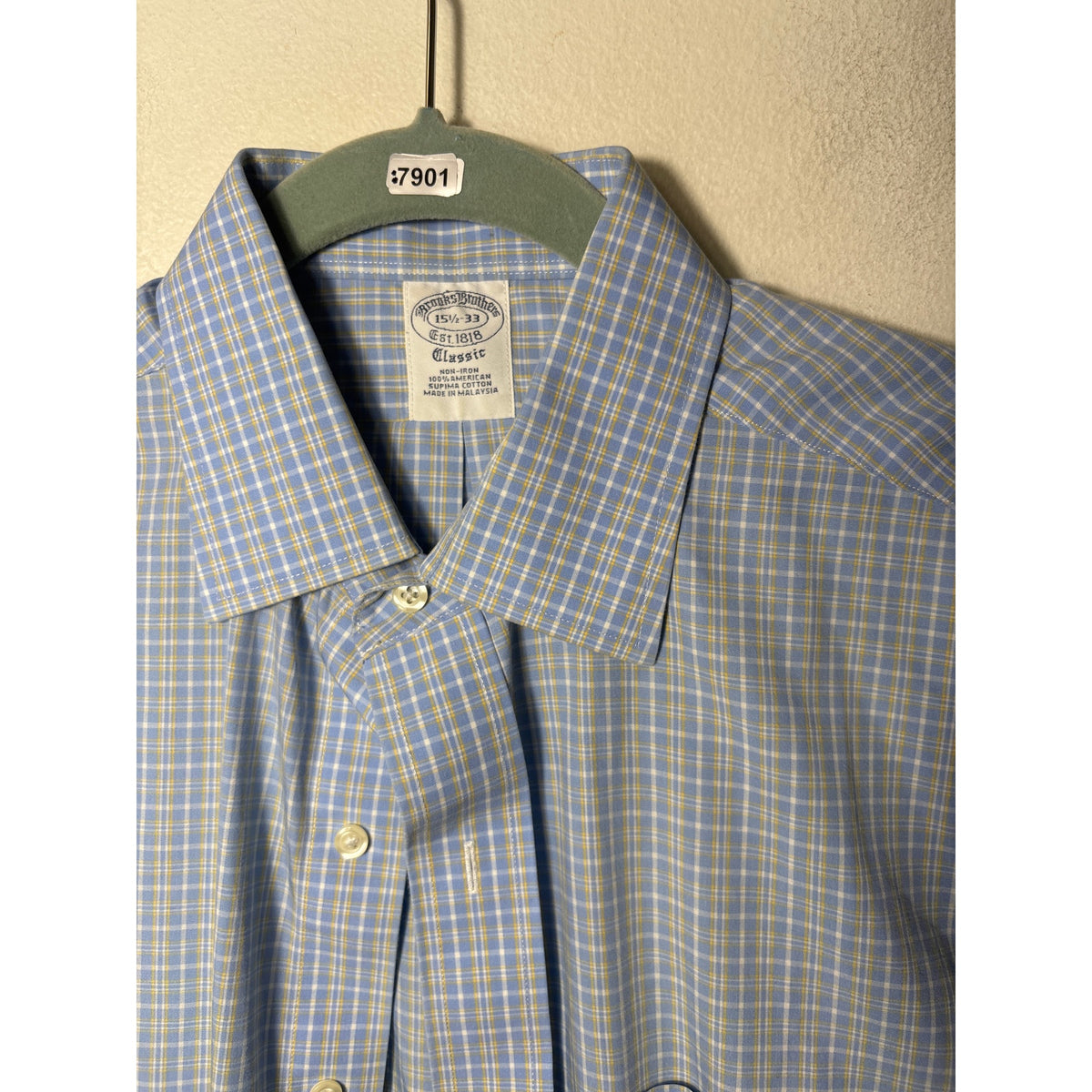 Mens Brooks Brothers Blue and Yellow Plaid Button Up Long Sleeve Shirt Sz 16.5/33
