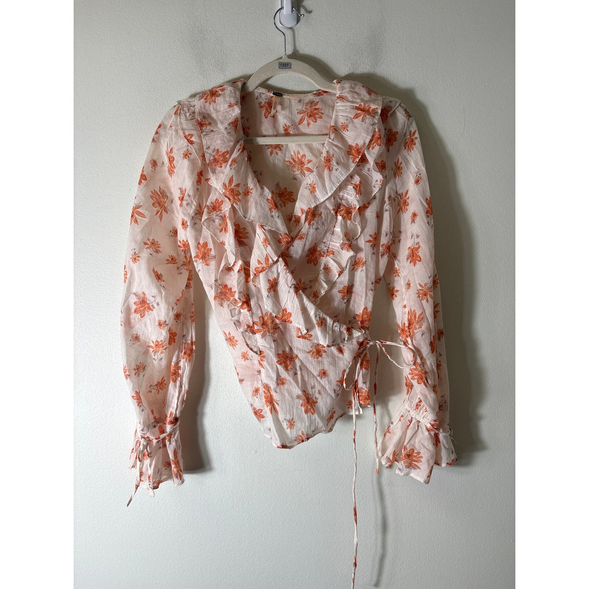 Free People Orange Floral Ruffle Wrap Top Sz S