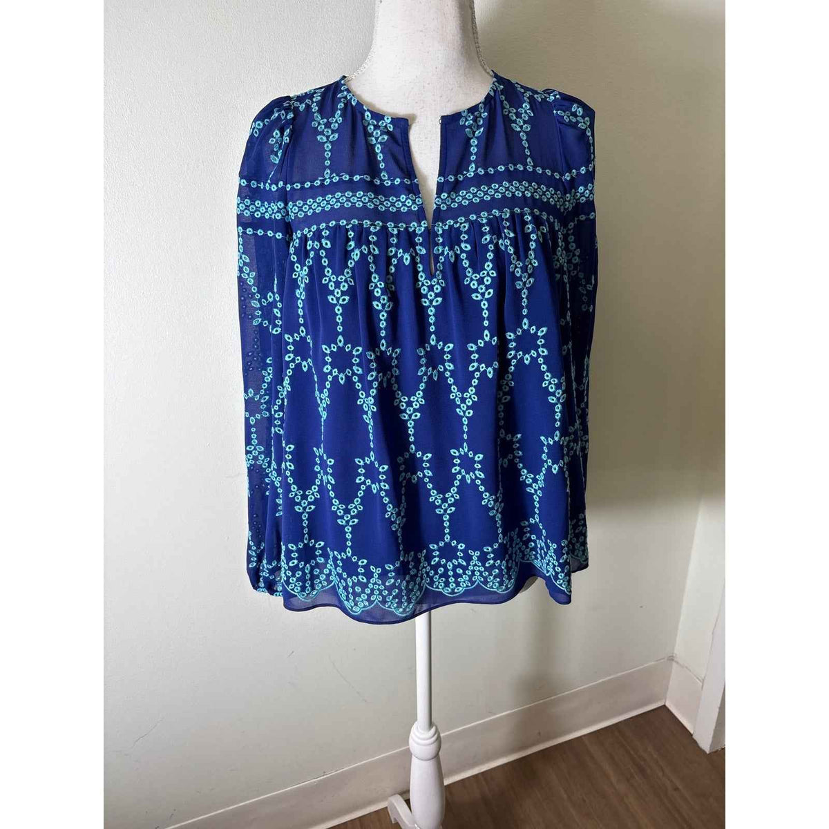 Shoshanna Dark Blue Teal Long Sleeve Semi Sheer Shirt Sz S