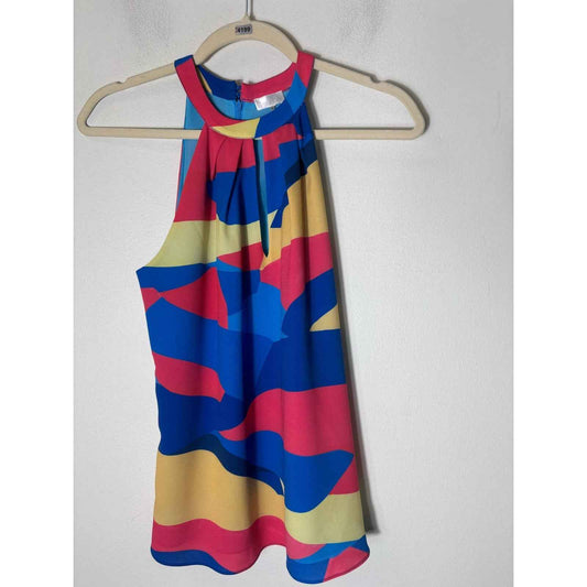 Ecru Blue Yellow Sleeveless Keyhole Trapeze Tank Sz XS