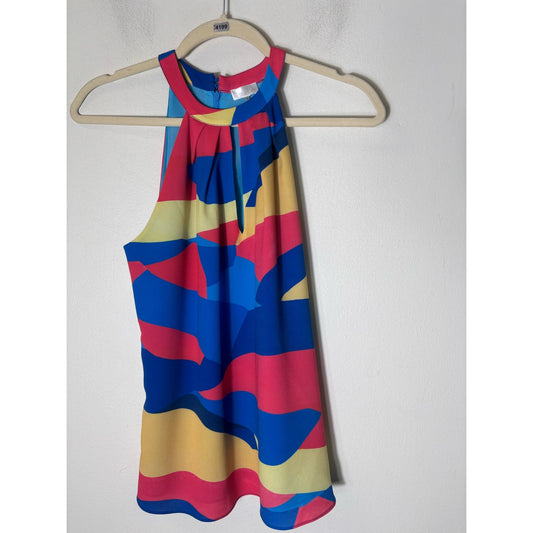 Ecru Blue Yellow Sleeveless Keyhole Trapeze Tank Sz XS