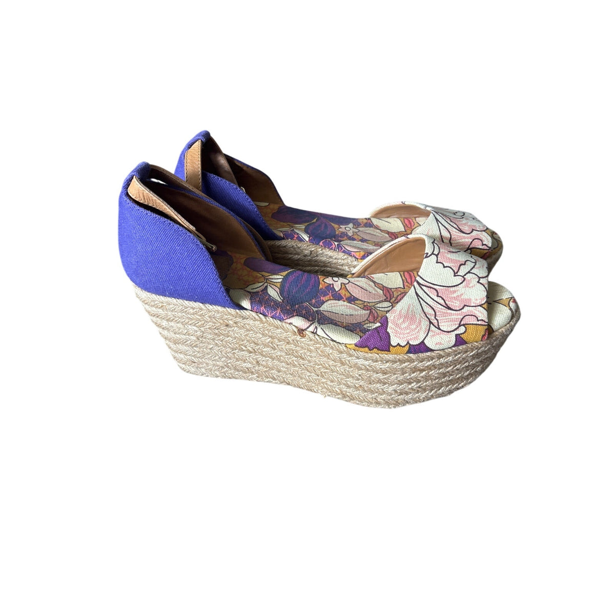 Tory Burch Rafia Woven Wedges with Floral Toe Sz 9