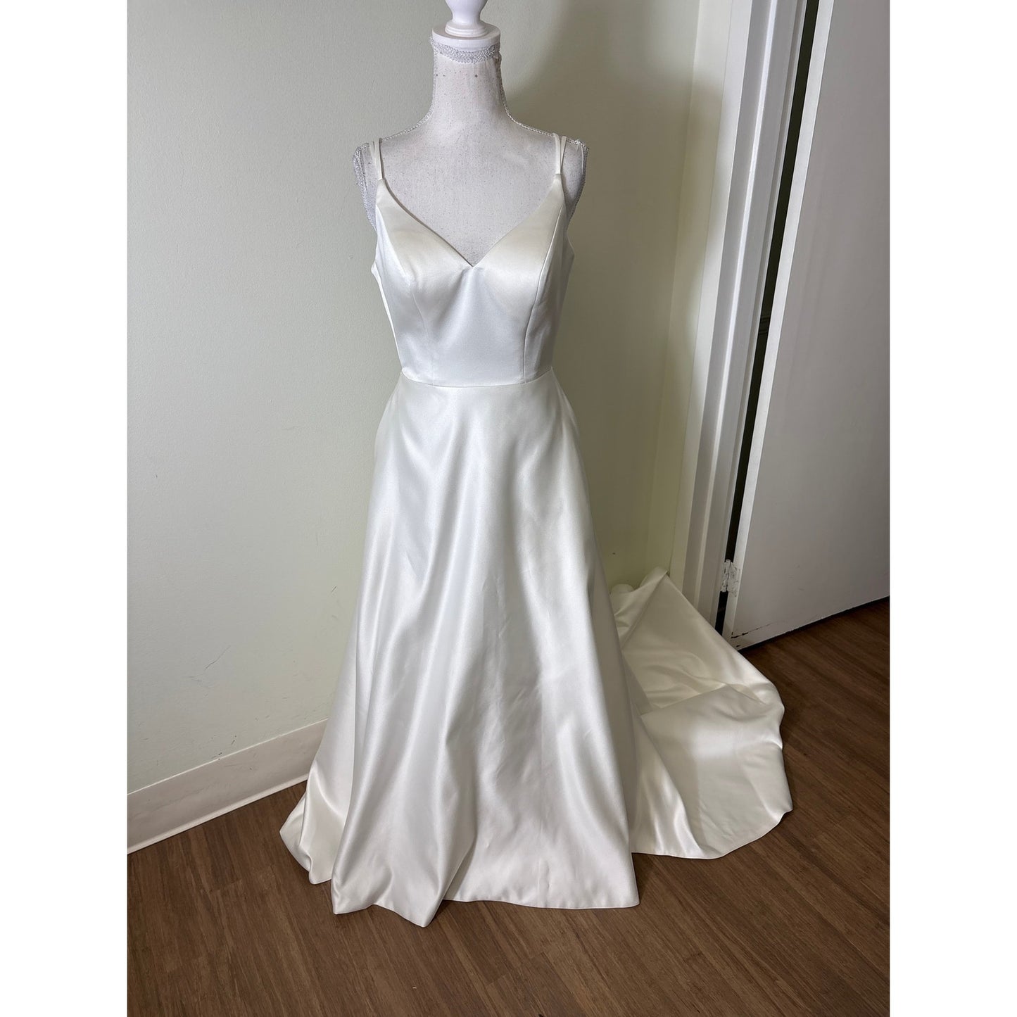 Wedding Gown White Satin Minimalist V-Neck with Open Scalloped Back Sz 4