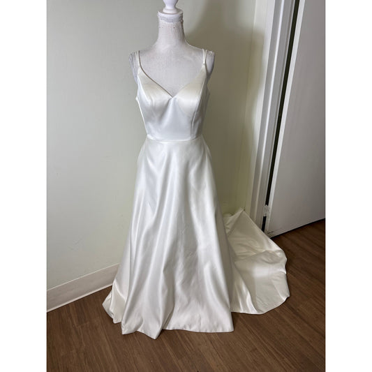 Wedding Gown White Satin Minimalist V-Neck with Open Scalloped Back Sz 4