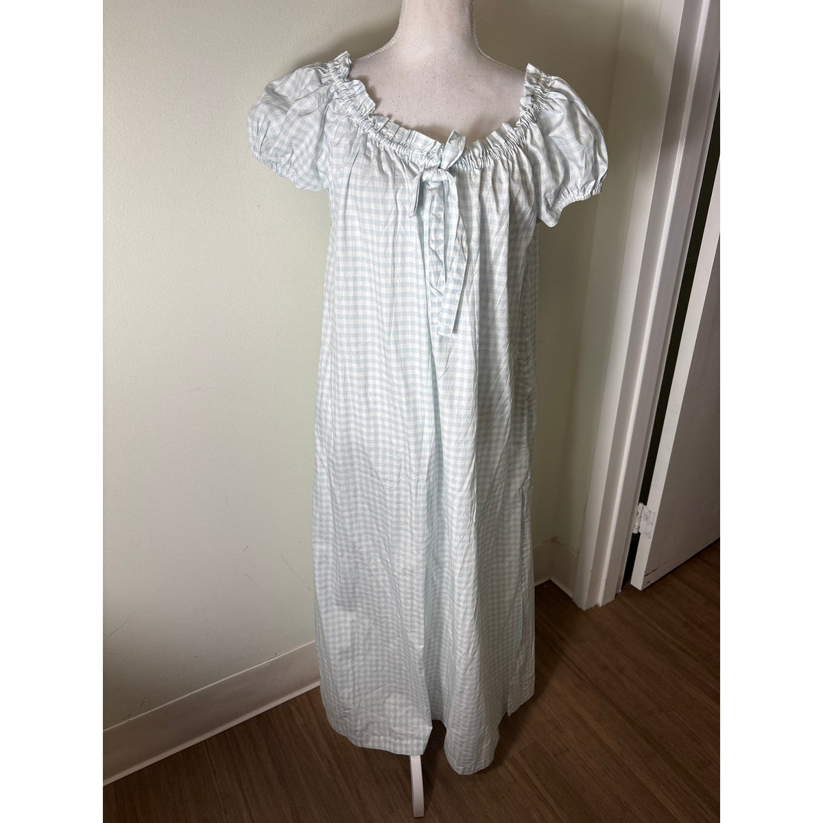 NWT Piyama Light Blue and White Gingham "Lily Long Lounge" Dress Sz M