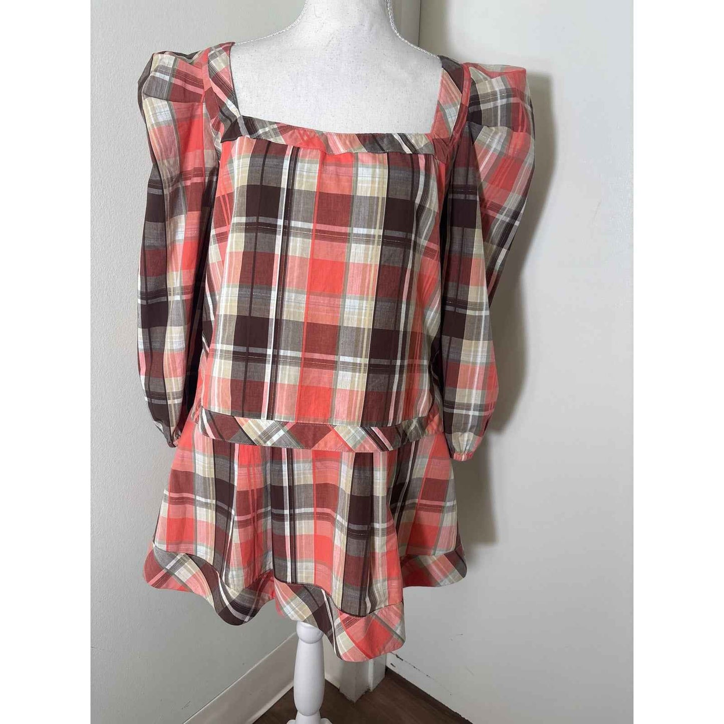 Buru Brown and Peach Tones Plaid Skirt Set Sz S