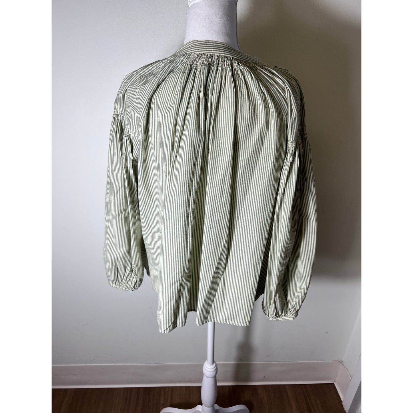 Vanessa Bruno Green White Stripe Long Bubble Sleeve Cotton Shirt Sz S
