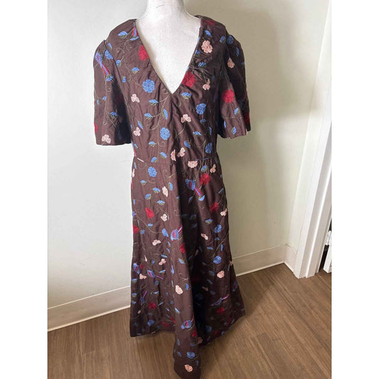 NWT Pearl By Lela Rose Chestnut Multi Color Embroidered Cotton Midi Dress Sz 12
