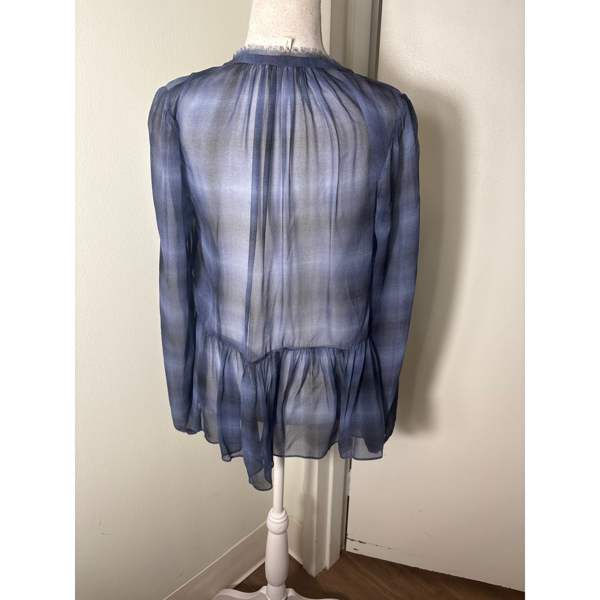 Rebecca Taylor Dusty Navy Long Sleeve Sheer Peplum Top Sz 6