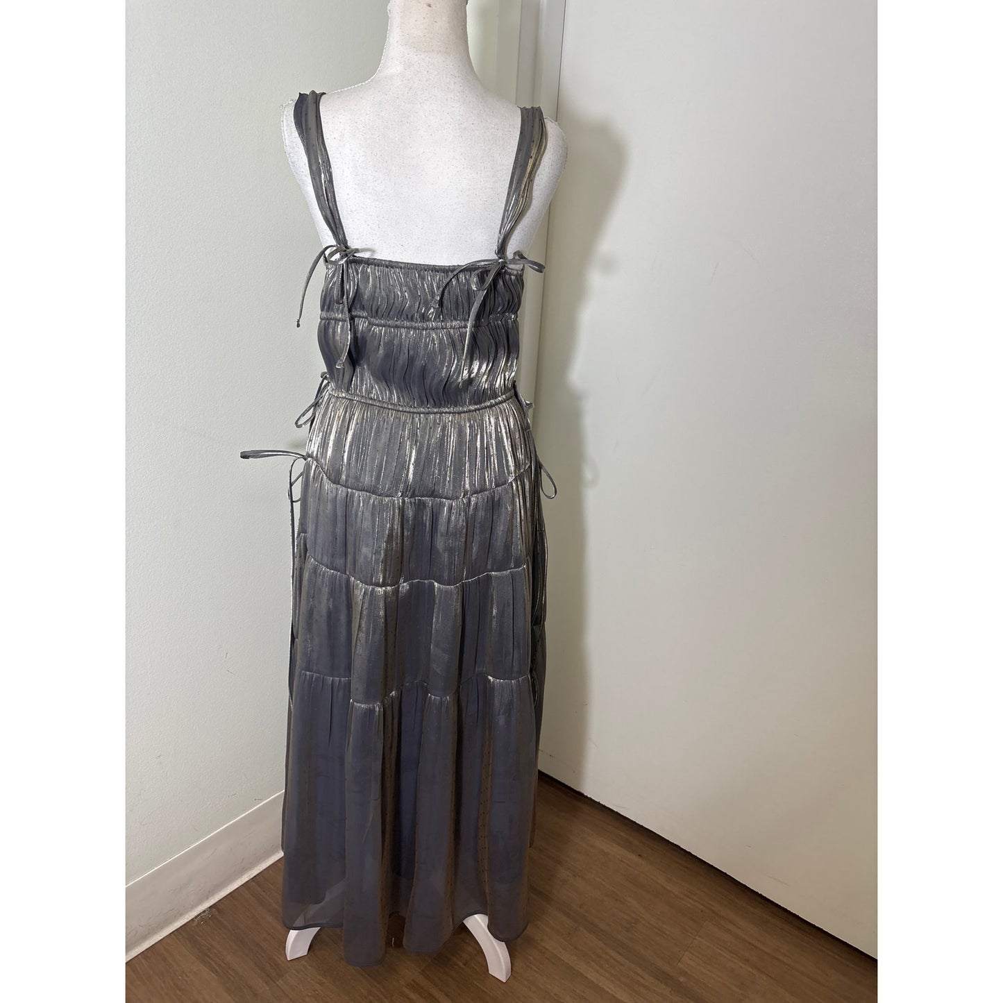Ciao Lucia Gun Metal Pleated Tiered Long FLowy Special Occasion Dress Sz L