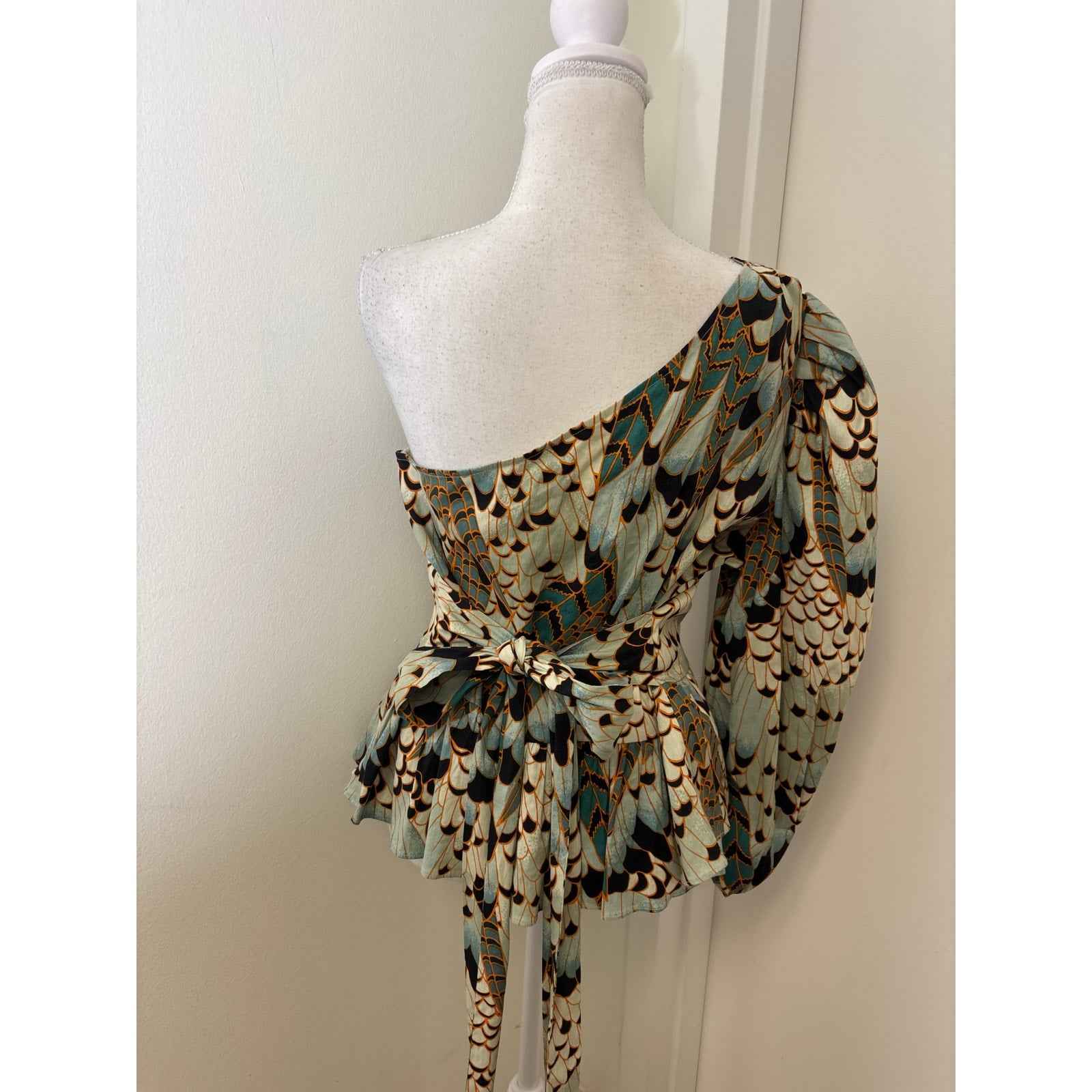 NWT Ted Baker Green and Black One Shoulder Peplum Top with Tie Waist Sz 4