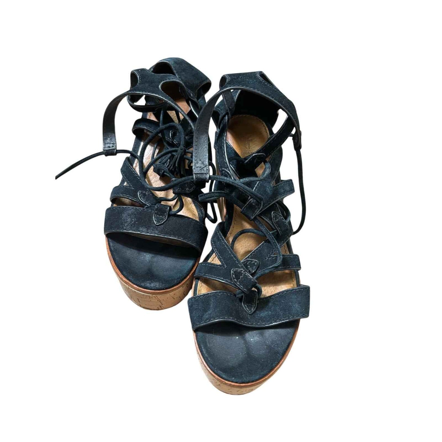 Frye Black Strappy Platform Cork Wedge Sz 8