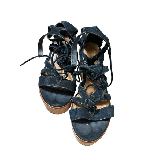 Frye Black Strappy Platform Cork Wedge Sz 8
