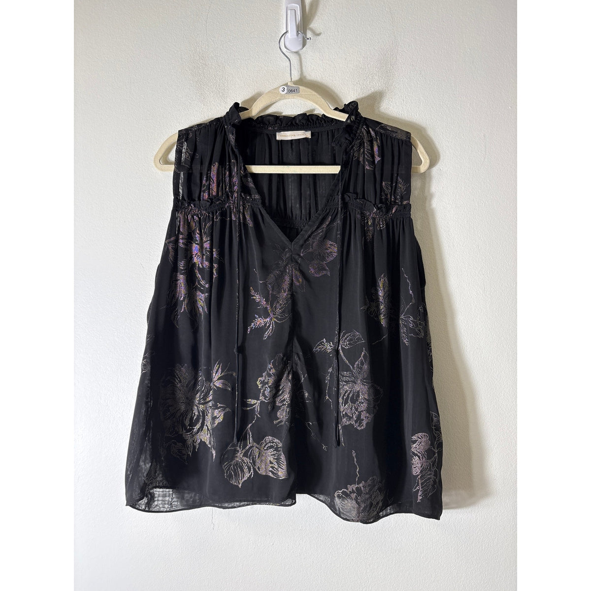 Christina Lynn's Black and Metallic Flower Sheer Top Sz M