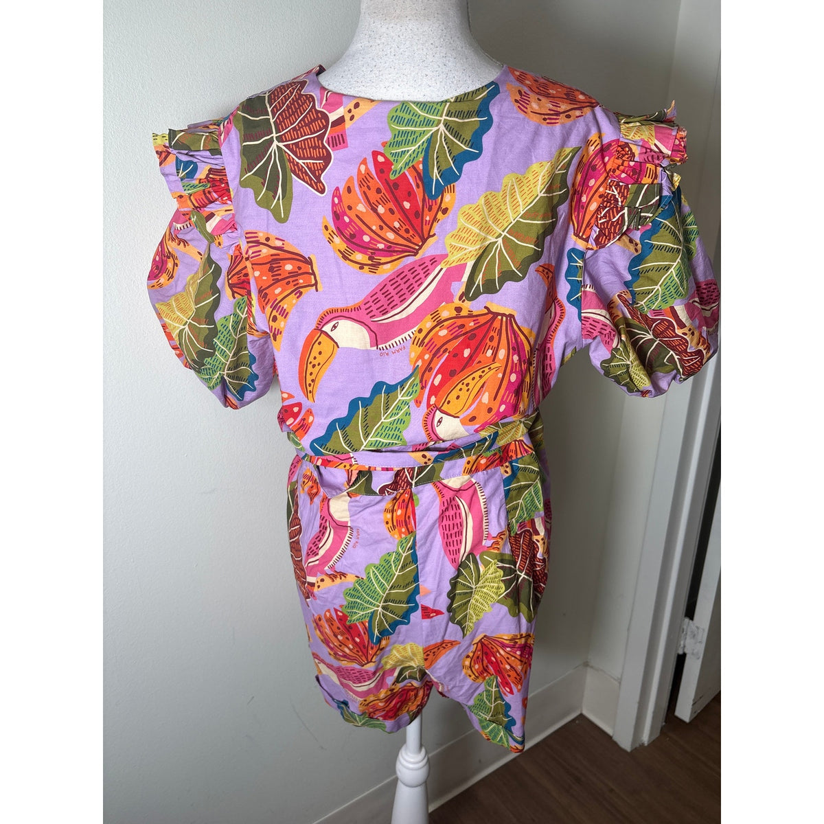 Farm Rio Purple Toucan Print Half Puff Sleeve Cotton Romper Sz L