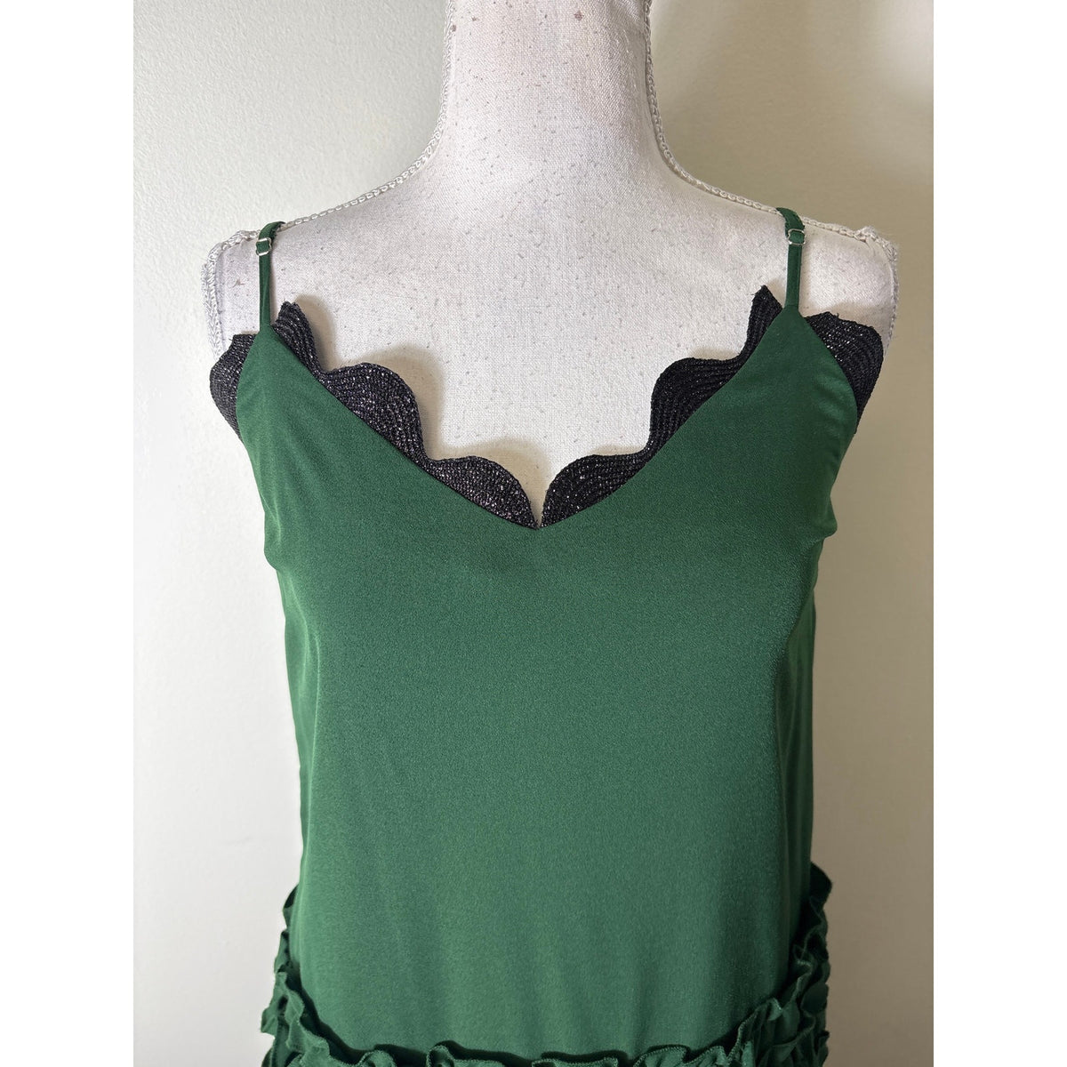 Cynthia Rowley Green With Black Ric Rac Trim Ruffled Gown Sz XS