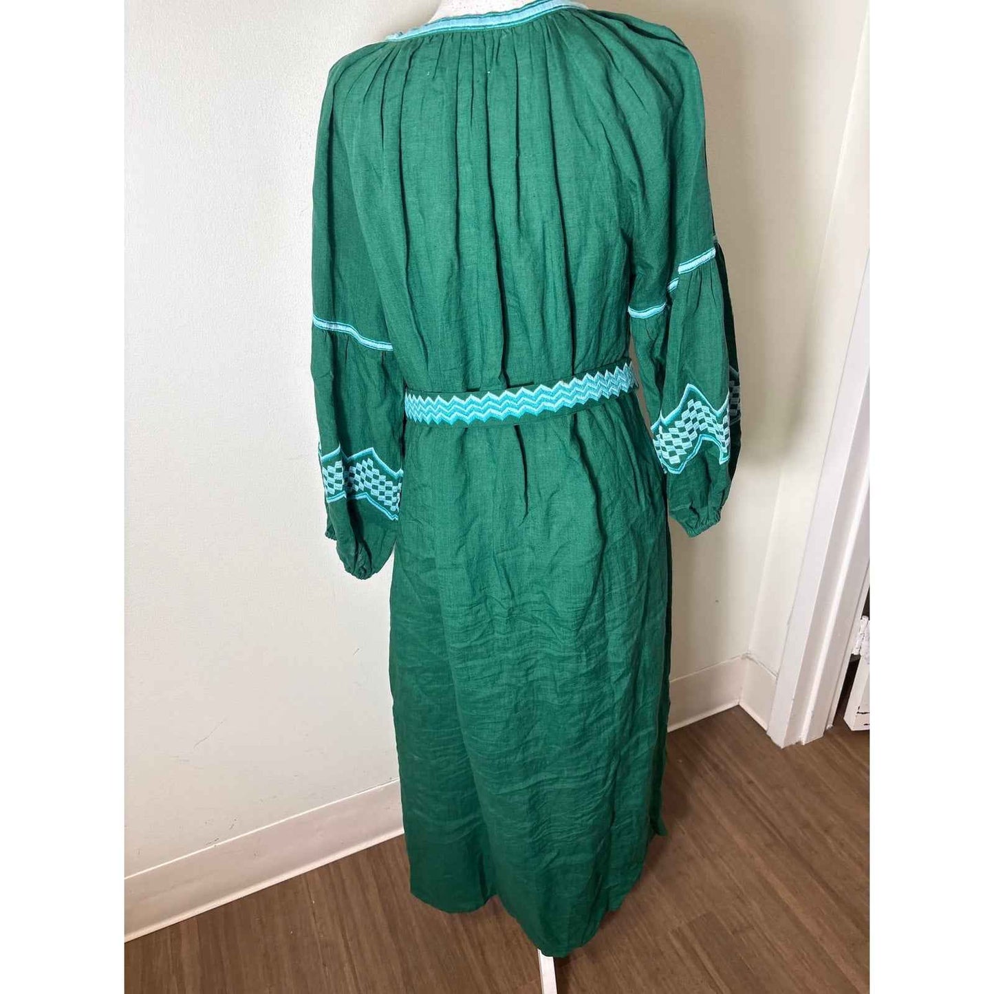 Benaras Green Long Sleeve Linen Maxi Dress Sz L