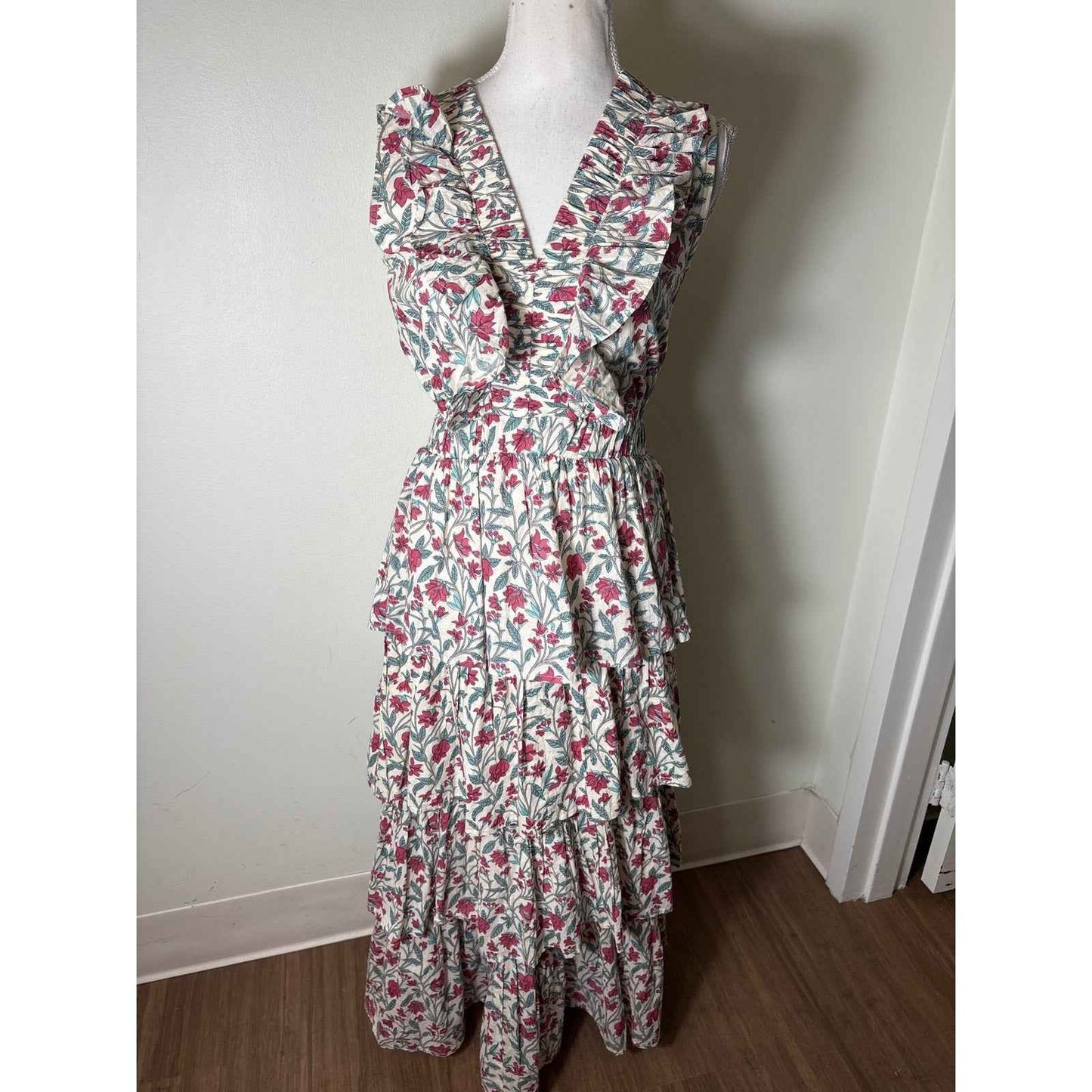 Anna Cate Cream Pink and Green Floral Tiered Maxi Dress Sz XS