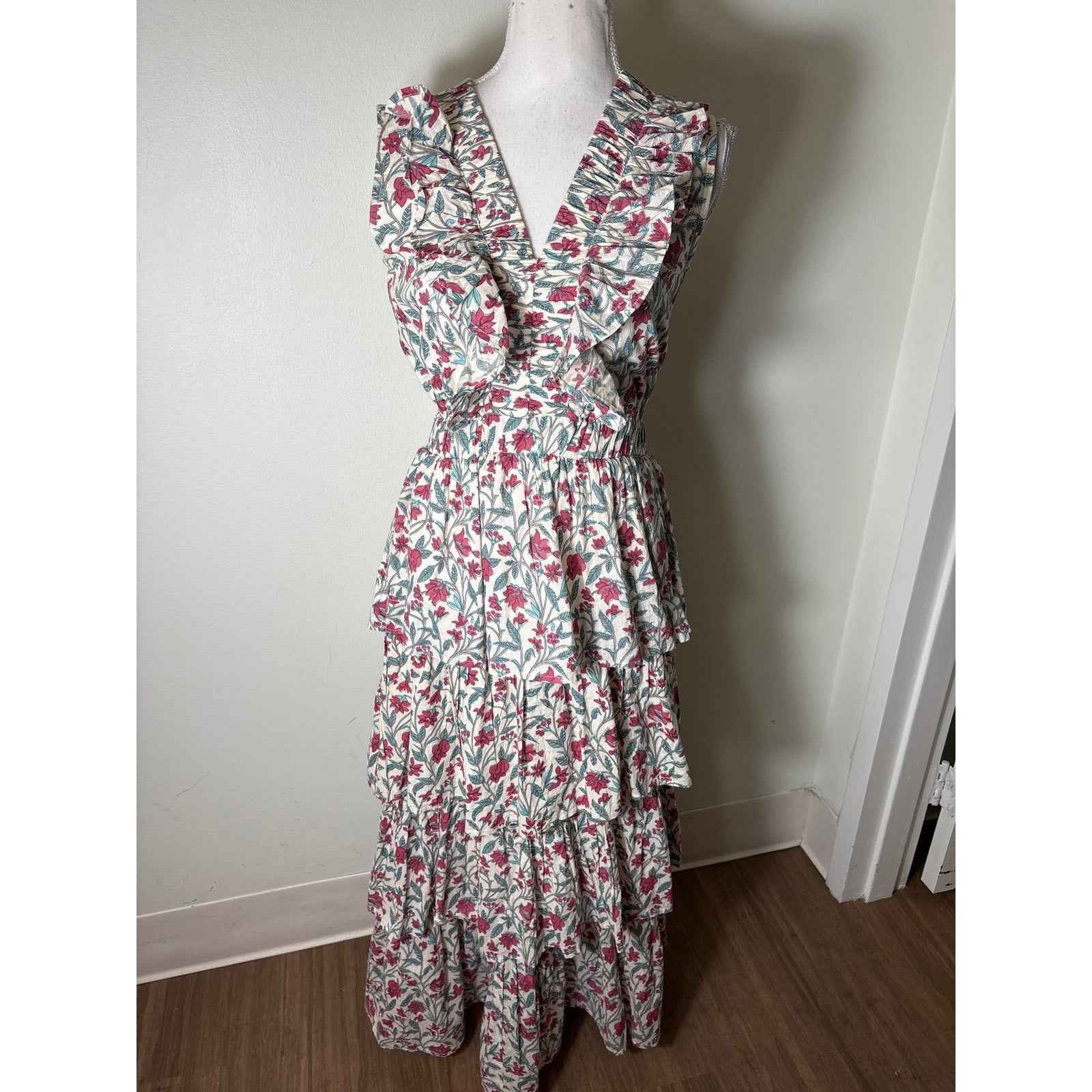 Anna Cate Cream Pink and Green Floral Tiered Maxi Dress Sz XS