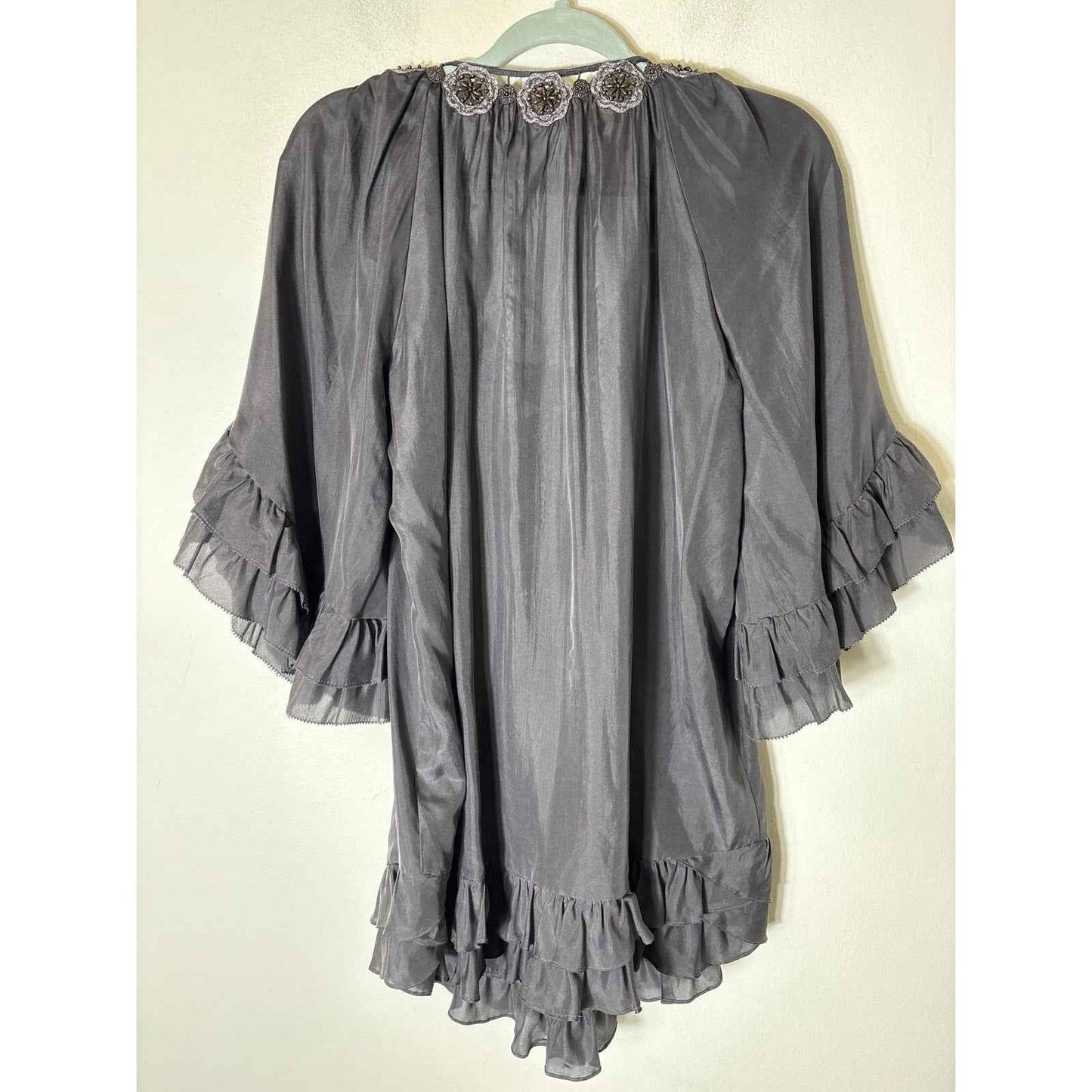 Rebecca Taylor Gray Silk Embellished Neck Ruffled Short Sleeve Top Sz 4