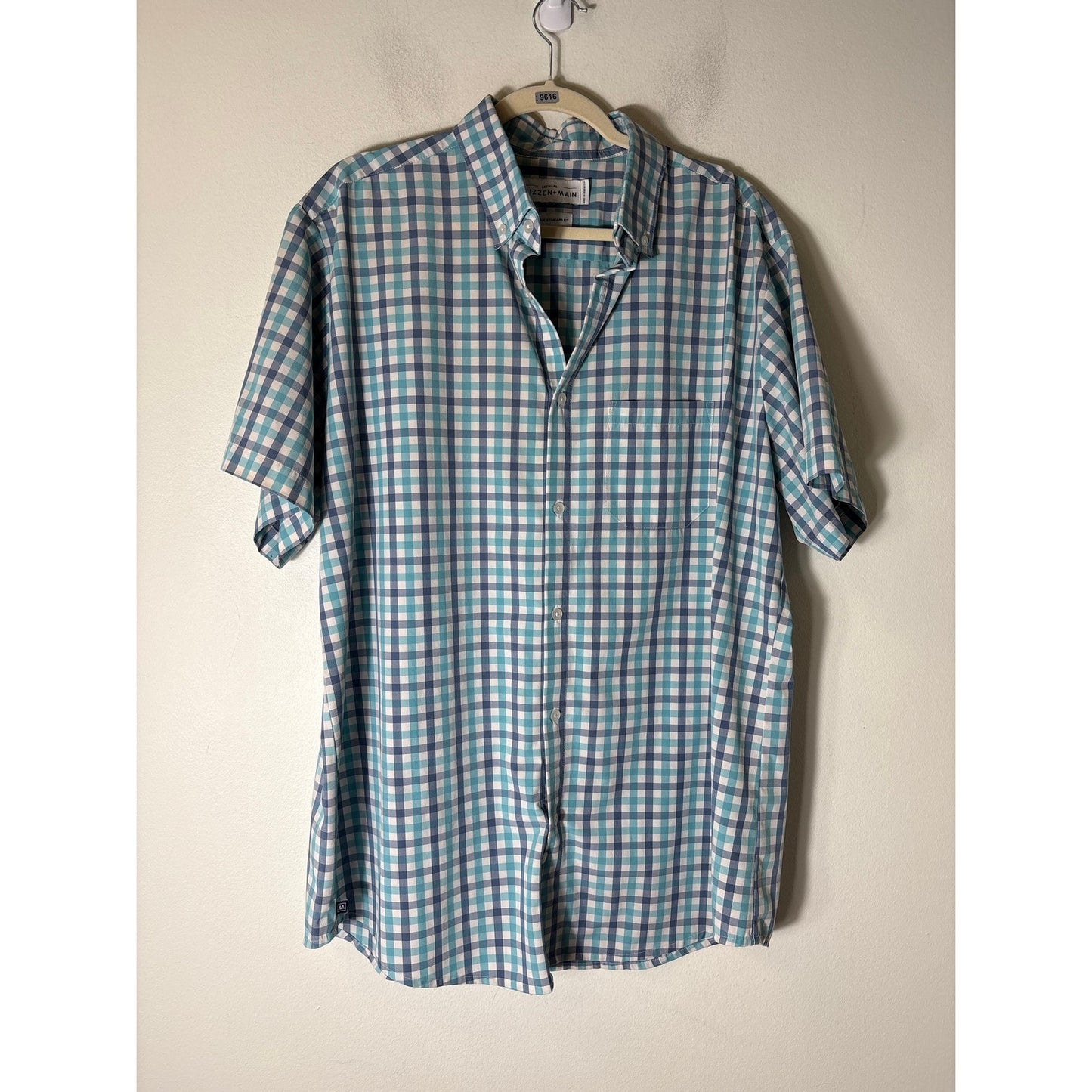Men's Mizzen + Main Teal Plaid Short Sleeve Button Up Dress Shirt Sz XL