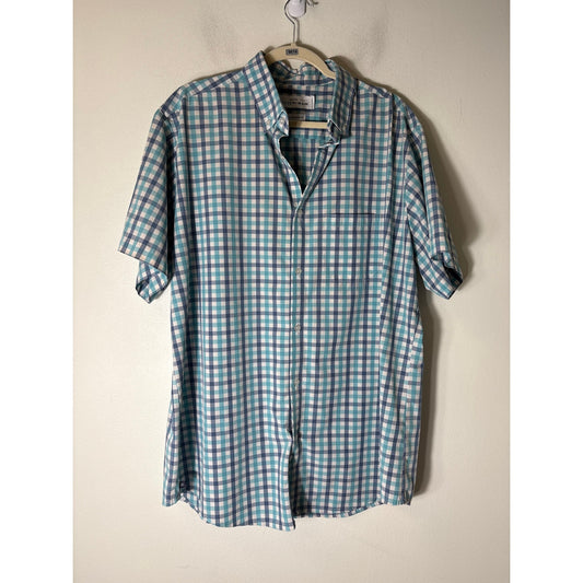 Men's Mizzen + Main Teal Plaid Short Sleeve Button Up Dress Shirt Sz XL