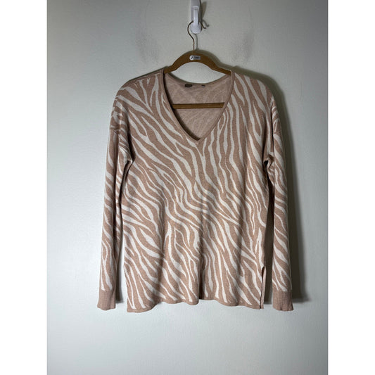 Lilla P Off White/Tan Long Sleeve V-Neck Sweater Sz M