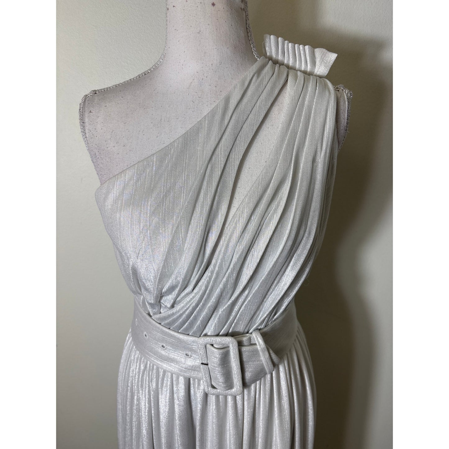 Retrofete Silver One Shoulder Belted Gown Sz xs