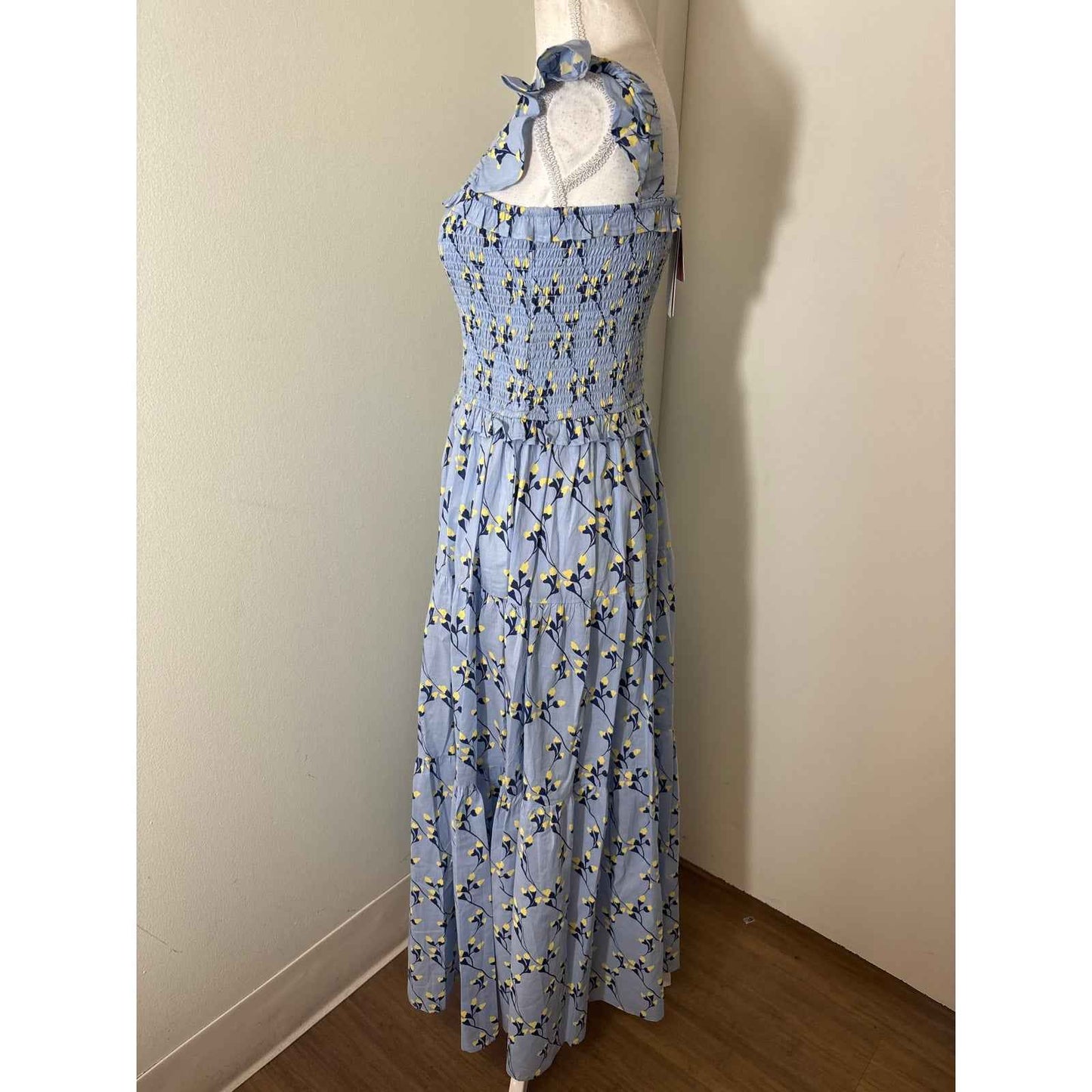NWT Beyond by Vera Mia Blue and Yellow Smocked Bodice Midi Dress Sz S