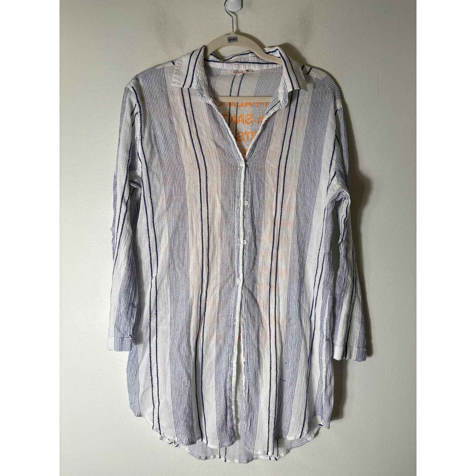 Sundry White and Blue Long Sleeve Cotton Beach Cover Up Sz 1