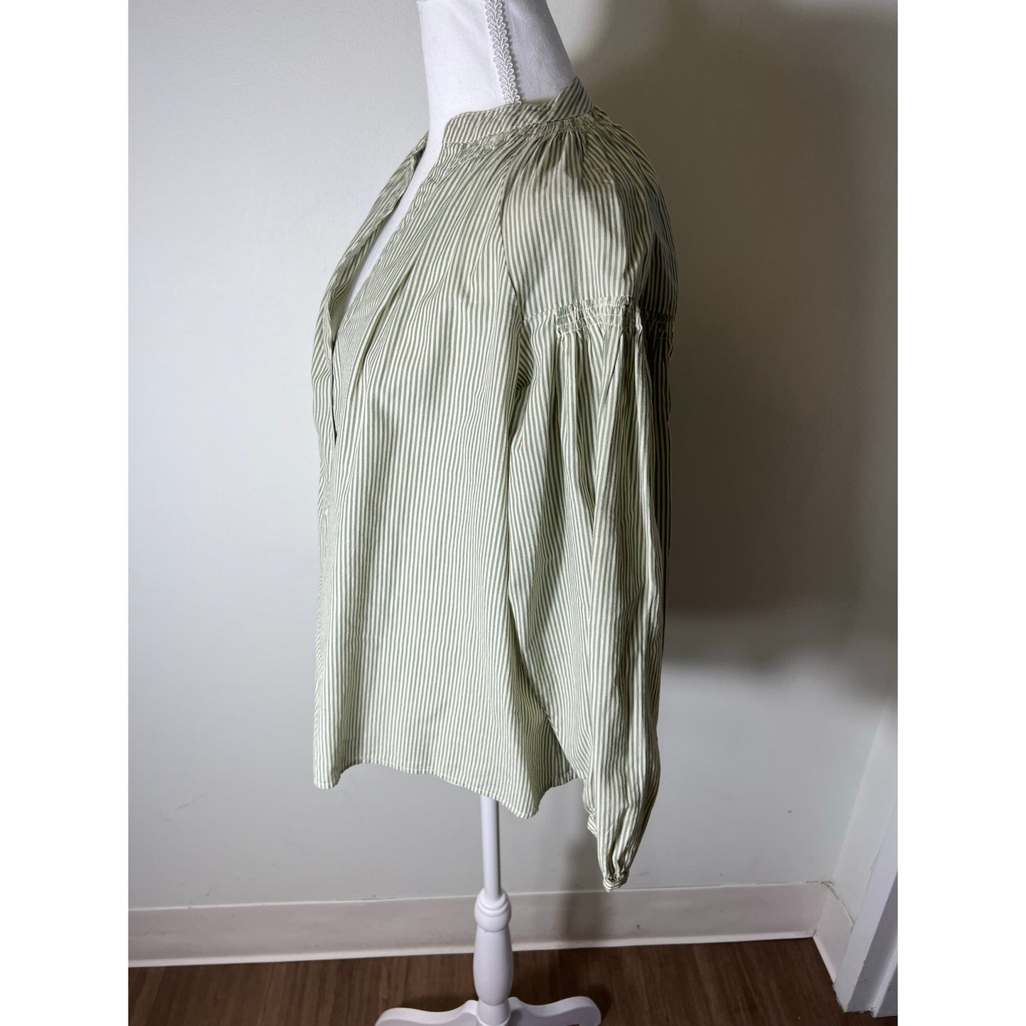 Vanessa Bruno Green White Stripe Long Bubble Sleeve Cotton Shirt Sz S