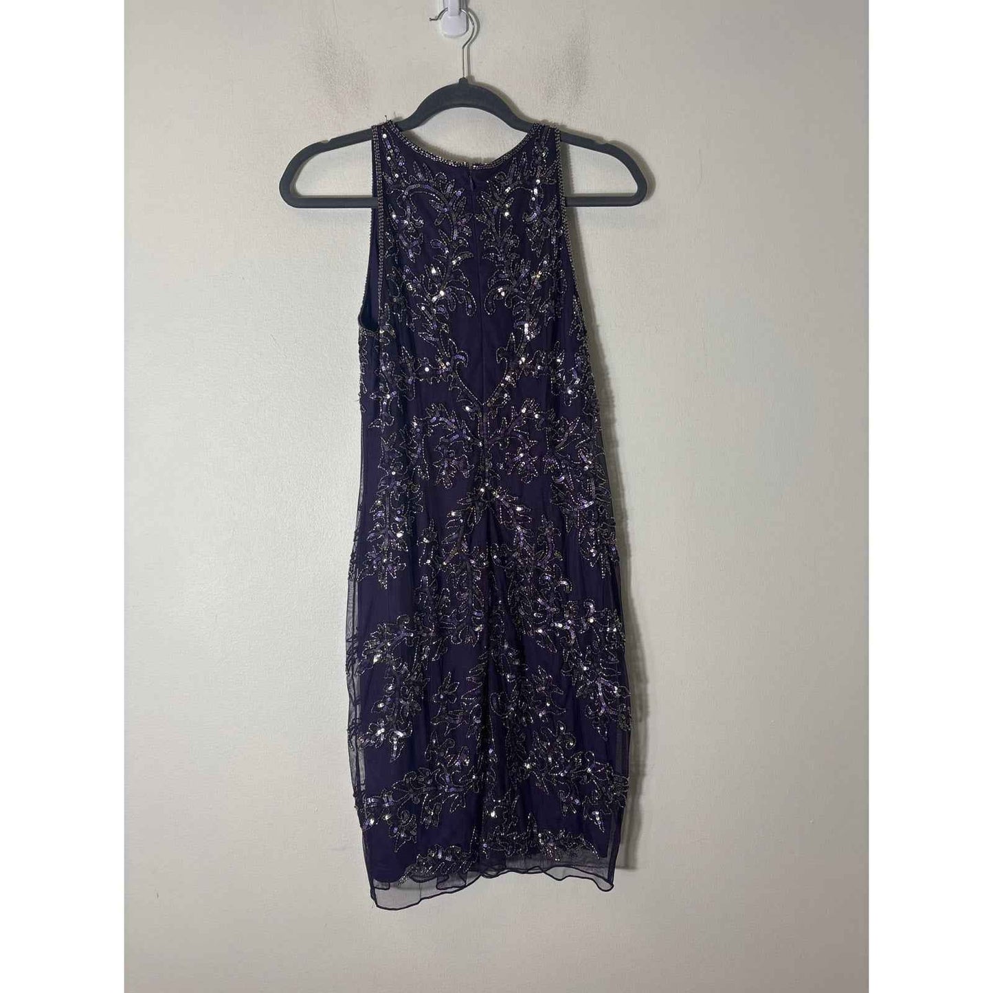 Adriana Paple Eggplant Sleevless Beaded Layered Midi Dress Sz 10