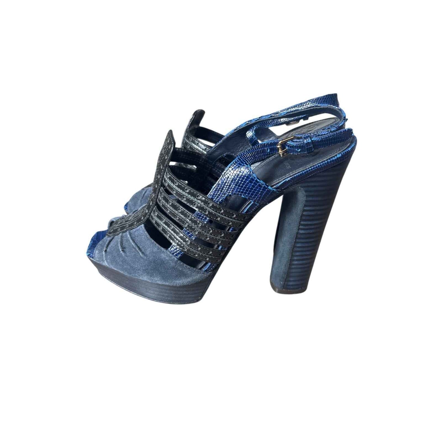 Tory Burch Navy and Black Platform Peep Toe High Heel Sandal Sz 8