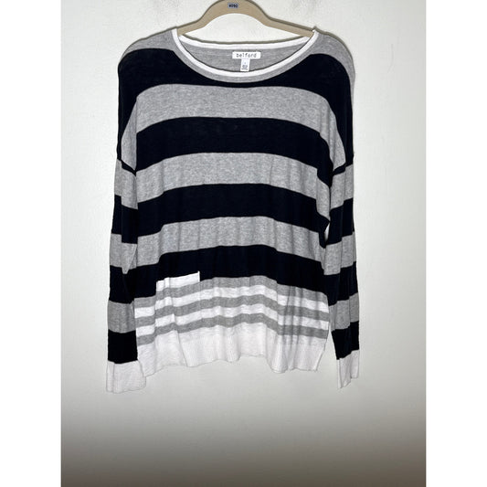 Belford Gray Black Stripe Long Sleeve Crew Neck Lightweight Cotton Sweater Sz L